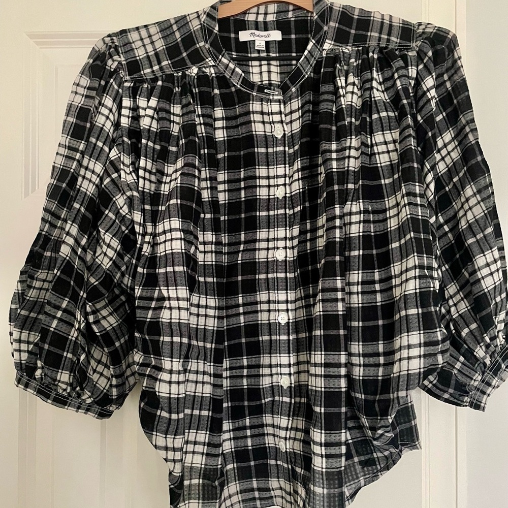 Madewell Black & White Plaid Button-Front Puff Sleeve Shirt